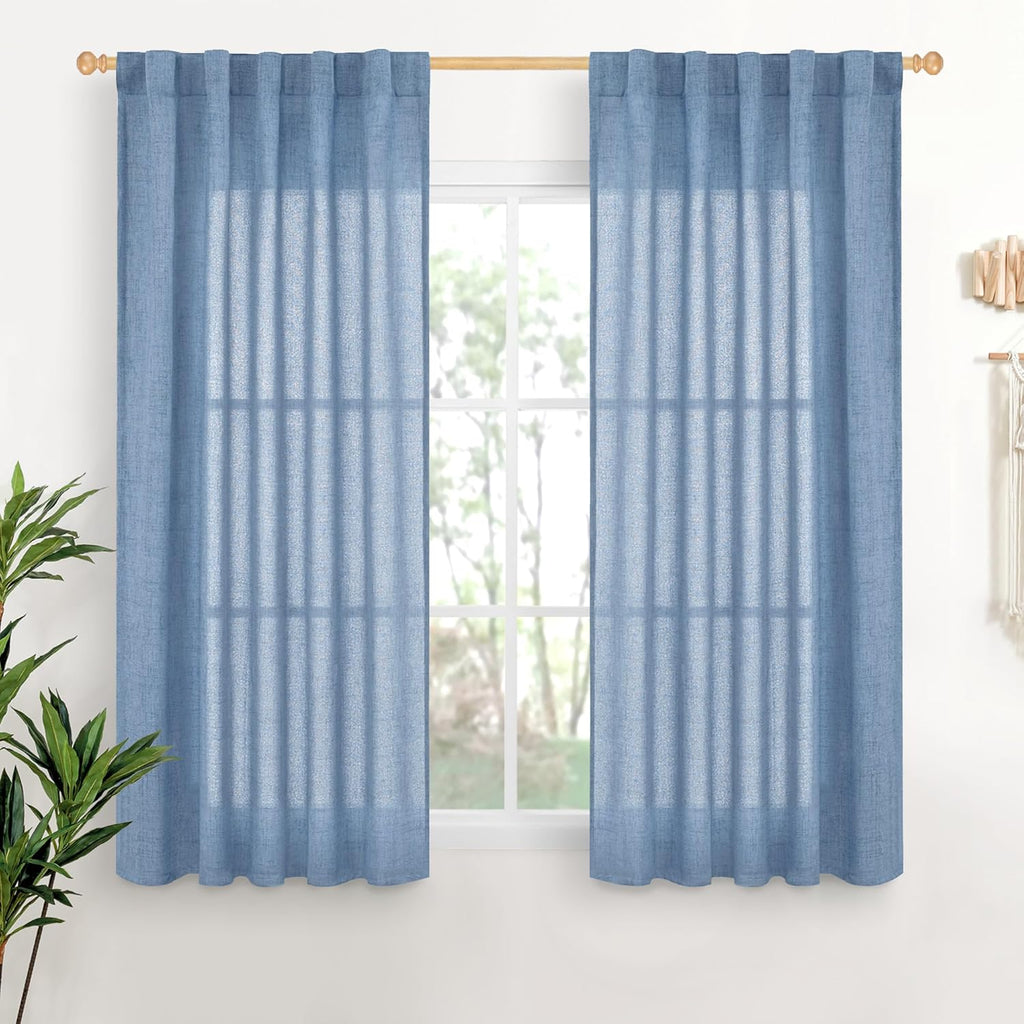 YoungsTex Denim Blue Linen Curtains 48 Inch Length for Short Kitchen Window, Semi Sheer Drapes Light Filtering with Rod Pocket Back Tab for Bathroom Living Room, 2 Panels, 42 X 48 Inch