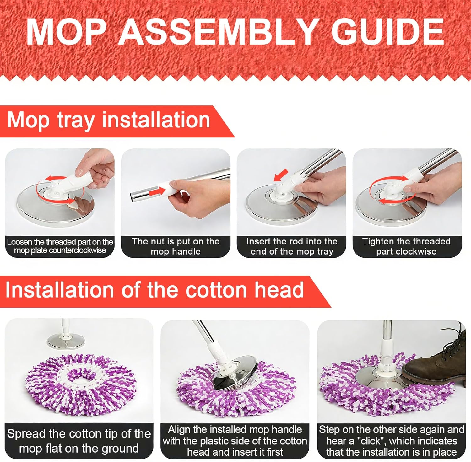 Extended Spin Mop Replacement Mop Handle, Upgraded 60-inch 360 Degrees Rotating Telescopic Replacement Mop Stick for Spin Mop Bucket Cleaning System (Stainless Steel Disc, Red)