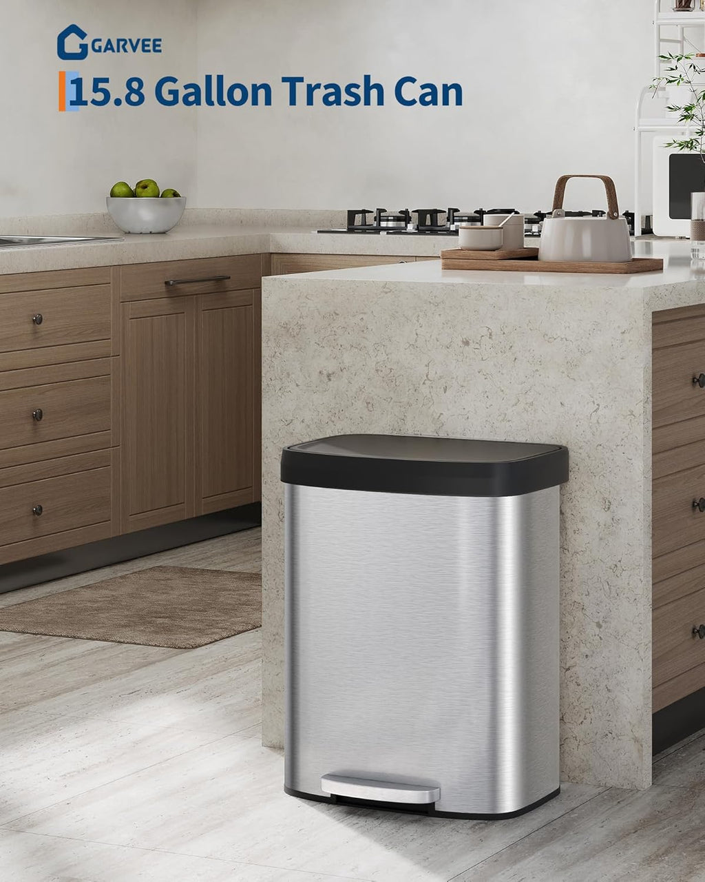 16 Gallon (60 l) Trash Can, Stainless Steel Kitchen Garbage Can, Recycling or Waste Bin with Liner Rim, Rear Handle, Soft Close Plastic Lid Step-on Pedal, Removable Inner Bucket