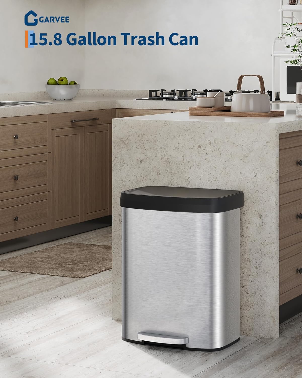 16 Gallon (60 l) Trash Can, Stainless Steel Kitchen Garbage Can, Recycling or Waste Bin with Liner Rim, Rear Handle, Soft Close Plastic Lid Step-on Pedal, Removable Inner Bucket