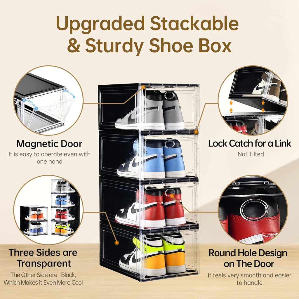 10 Pack Shoe Boxes Stackable,Upgraded Sturdy Storage Boxes with Clear Magnetic Door,Multifunctional Sneaker Organizer Fit up to US Size 12 (13.8”x 9.84”x 7.1”)