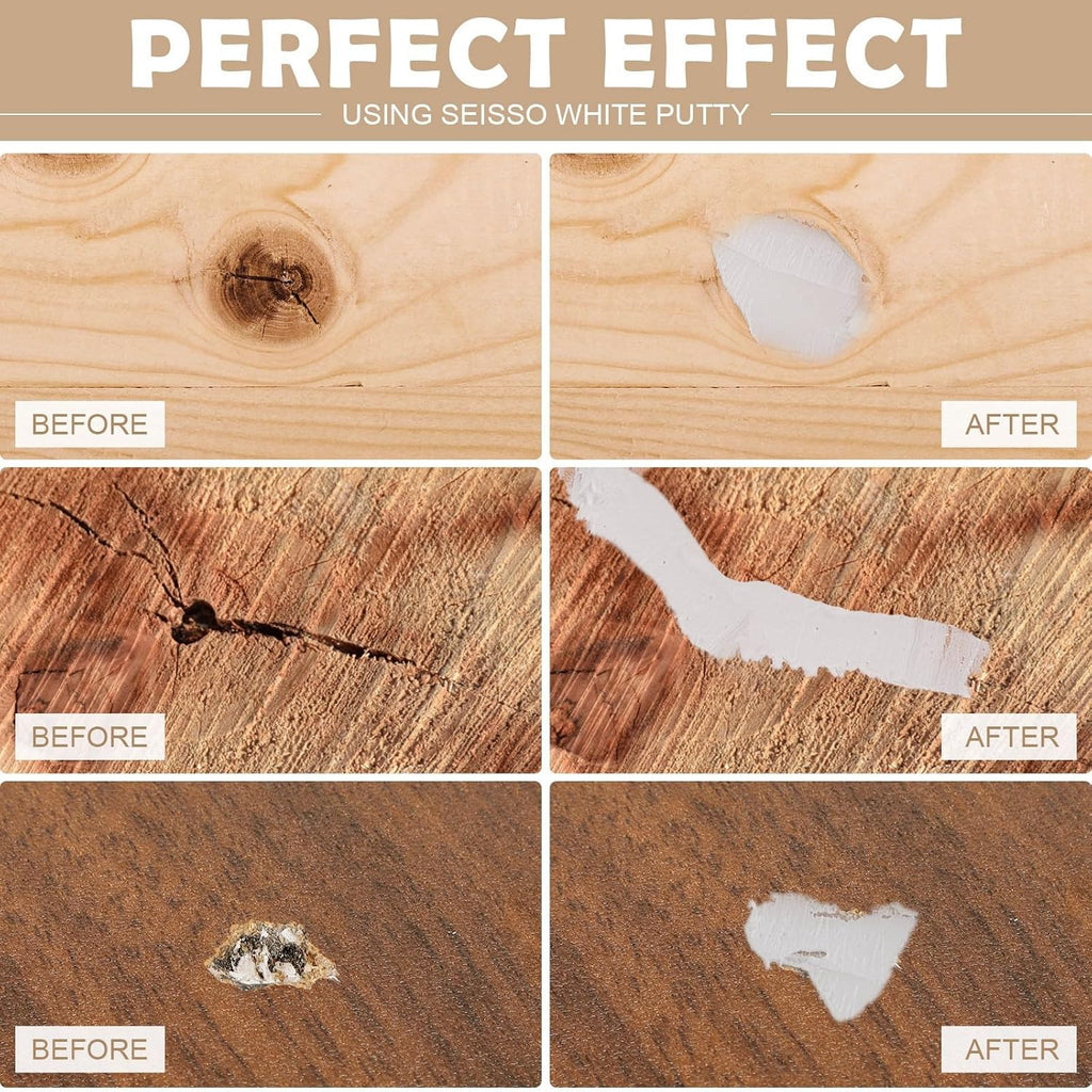 SEISSO Wood Filler & Putty - Waterproof Outdoor Wood Repair Putty, Paintable & Stainable, White Furniture Repair Kit for Wooden Cabinets, Doors, Floors, Tables