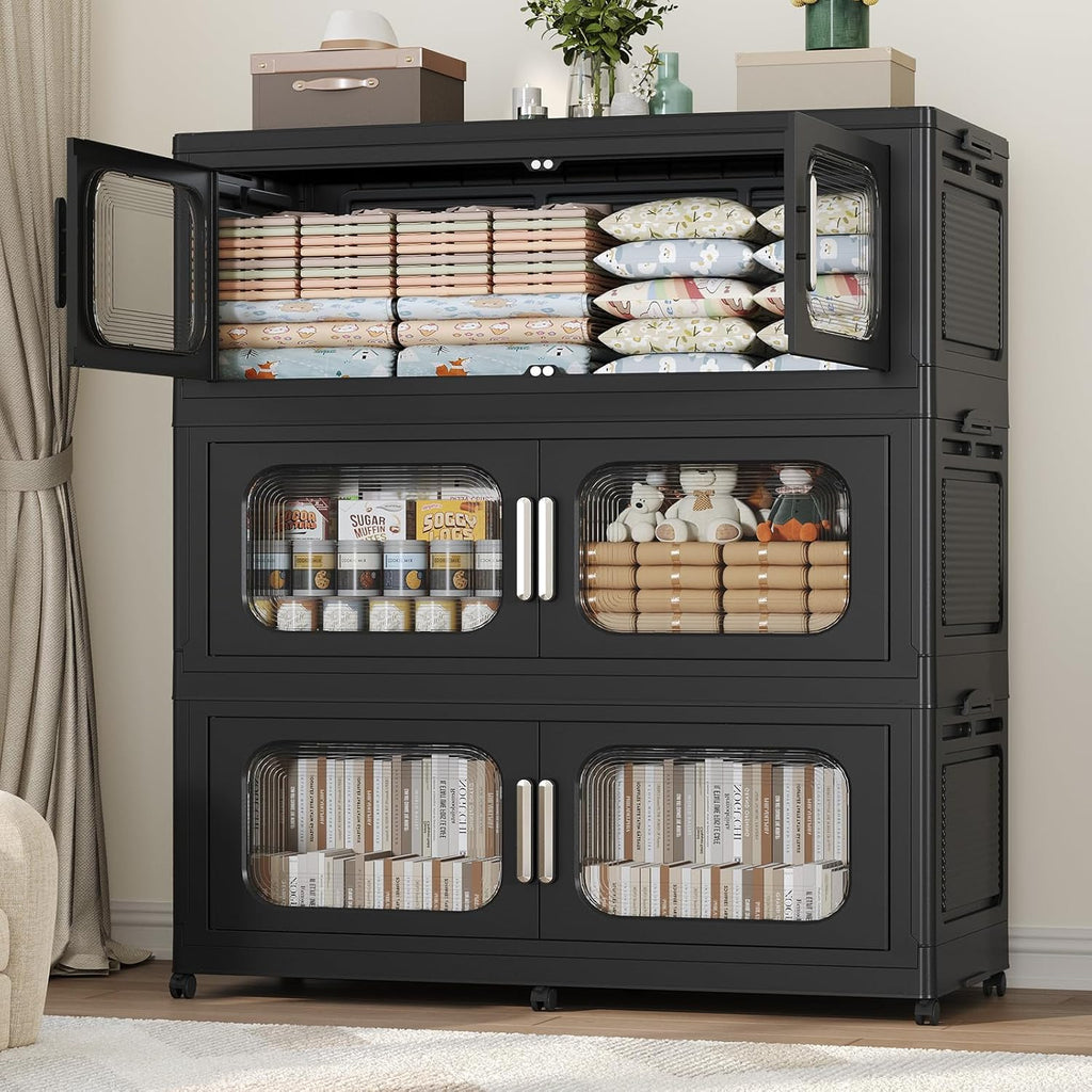 150GAL Extra Large Storage Bins with Lid, 600QT Storage Bins with Wheels, Folding Closet Organizer, Stackable Collapsible Plastic Storage Containers for Home, Office, Dorm, 3Pack Black