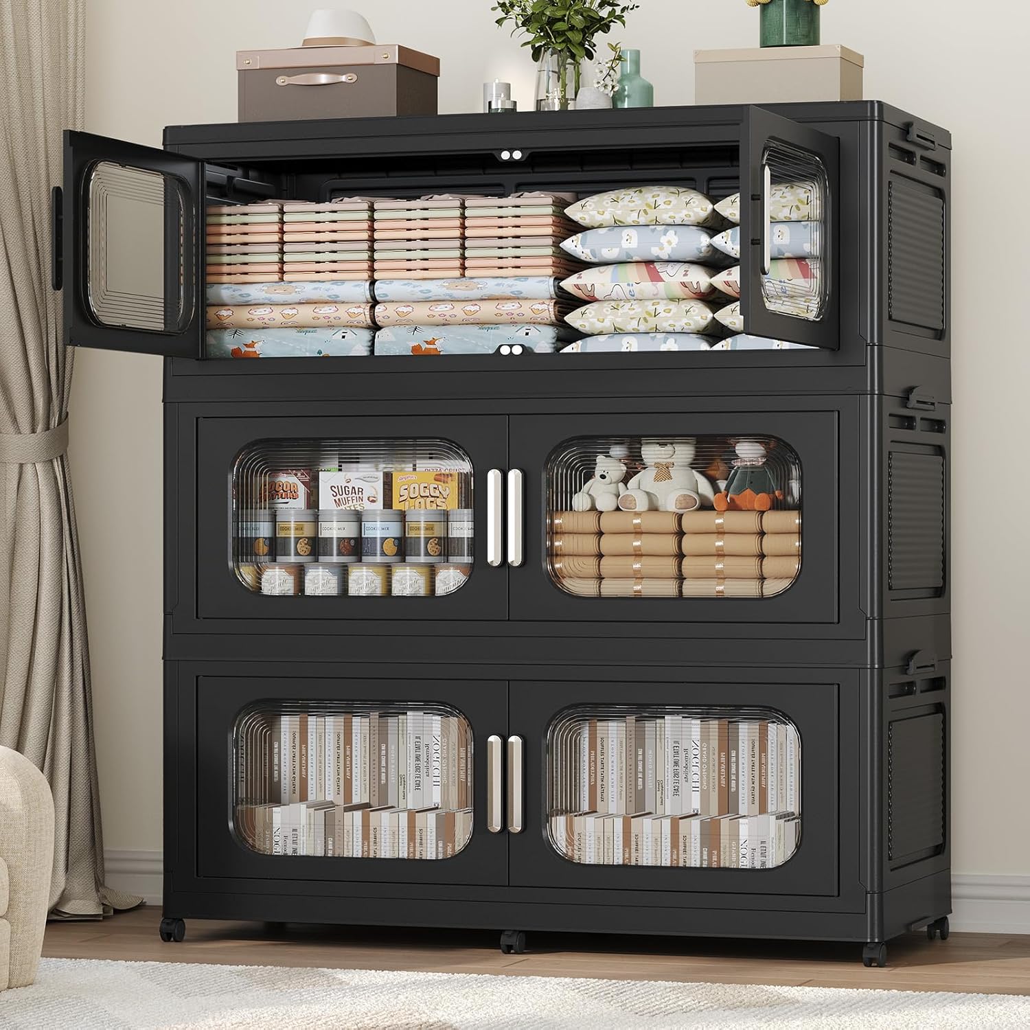 150GAL Extra Large Storage Bins with Lid, 600QT Storage Bins with Wheels, Folding Closet Organizer, Stackable Collapsible Plastic Storage Containers for Home, Office, Dorm, 3Pack Black