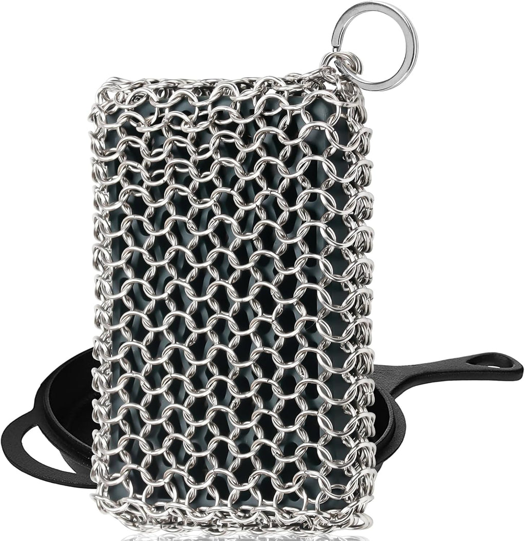 Herda Chain Mail Cast Iron Cleaner Scrubber,316 Chainmail Pan Scrubber Metal Cleaning Brush, Pad, Sponge Scraper to Clean Skillet,Dutch Oven, Wok,Grill Griddle,Chain Link Scrub Brush Pot Care Kit