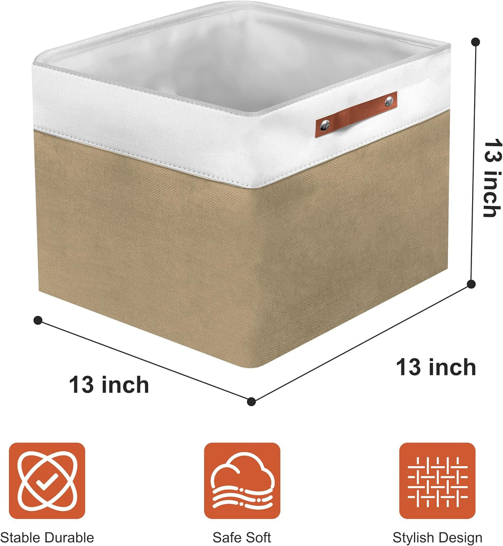 13in Open Fabric Storage Basket with Leather Handles for Organizing, Collapsible Linen Closet Bins for Shelves, Closets, Laundry, Decorative Basket for Gifts. (White＆Khaki, 2PCS/13x13in)