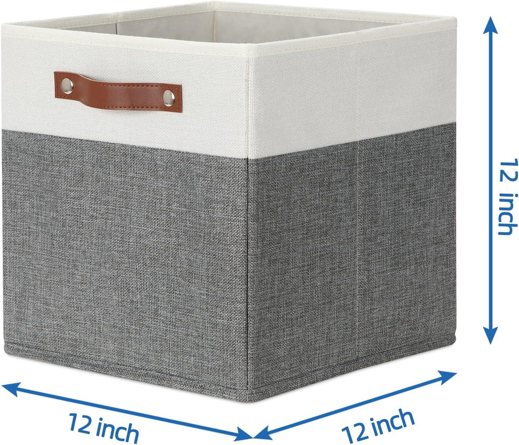 Temary Storage Cubes 12ﾗ12 Fabric Cube Storage Bins Foldable Storage Baskets with Handles, Decorative Storage Boxes for Organizing, Home, Office, Nursery, Shelf, Closet (White & Grey, 12 x 12 x 12)