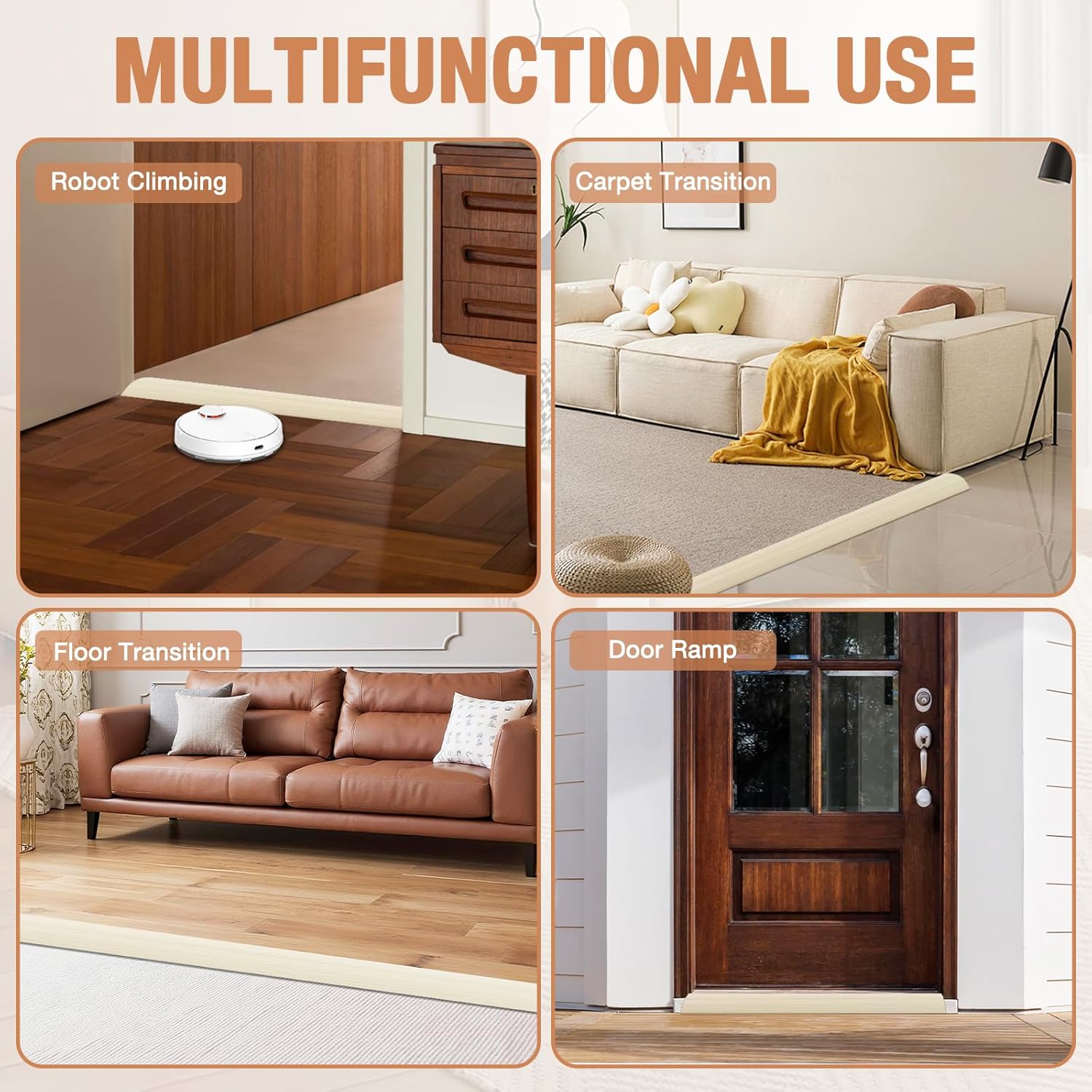 Floor Transition Strip Self Adhesive Vinyl Door Threshold for Doorways Carpet Edging Trim Overlap Edge Reducer for Laminate Floor, Carpet, Tile (Beige Wood Grain, 2/5" to 3/5", 3.3Ft)