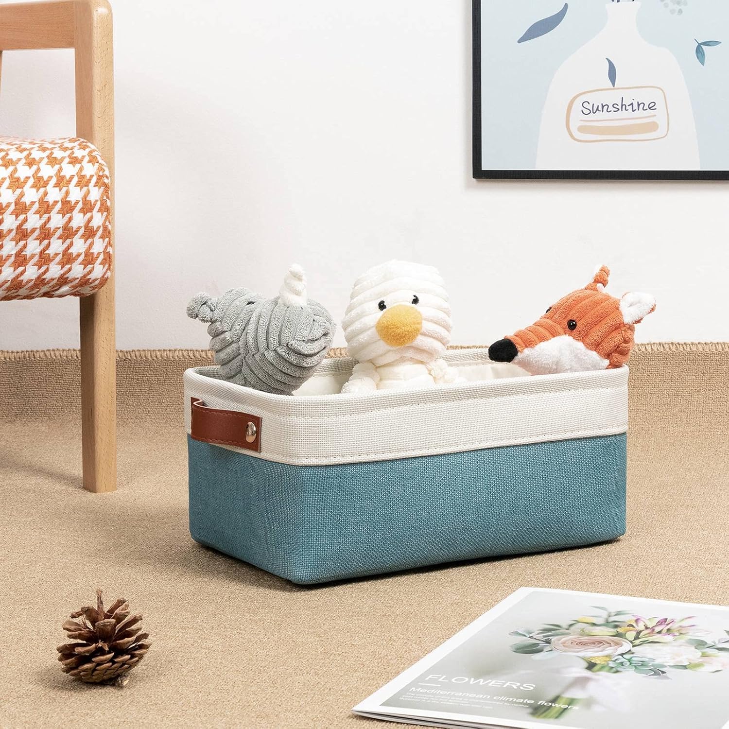 DULLEMELO Storage Baskets Bins for Organizing, Small Fabric Baskets for Shelves, Closets, Nursery, Home, Office, Empty Gift Baskets (6-Pack, White&Teal)