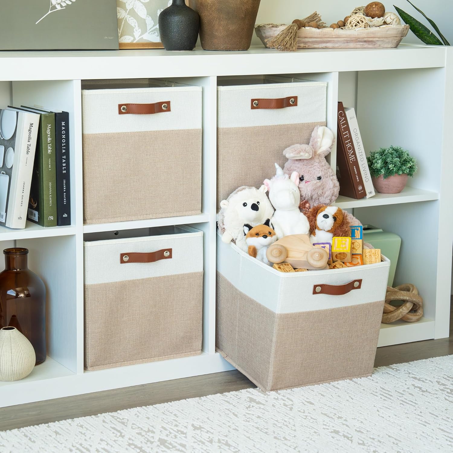 OrganiHaus 12x12 Fabric Storage Bins - Set of 4, Cube Fabric Organizer Bins with Vegan Handles, Kallax Storage Cubes, Cubbies Organizer Boxes, 12Inch Cubic Baskets for Shelves - Beige/White