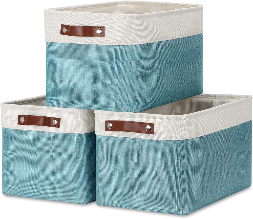 DULLEMELO Storage Baskets for Shelves, Fabric Collapsible Rectangular Storage Bins for Shelves, Closets, Nursery, Home, Empty Gift Baskets (3-Pack Medium-15 inch X 11 inch X 9.5 inch , White&Teal)