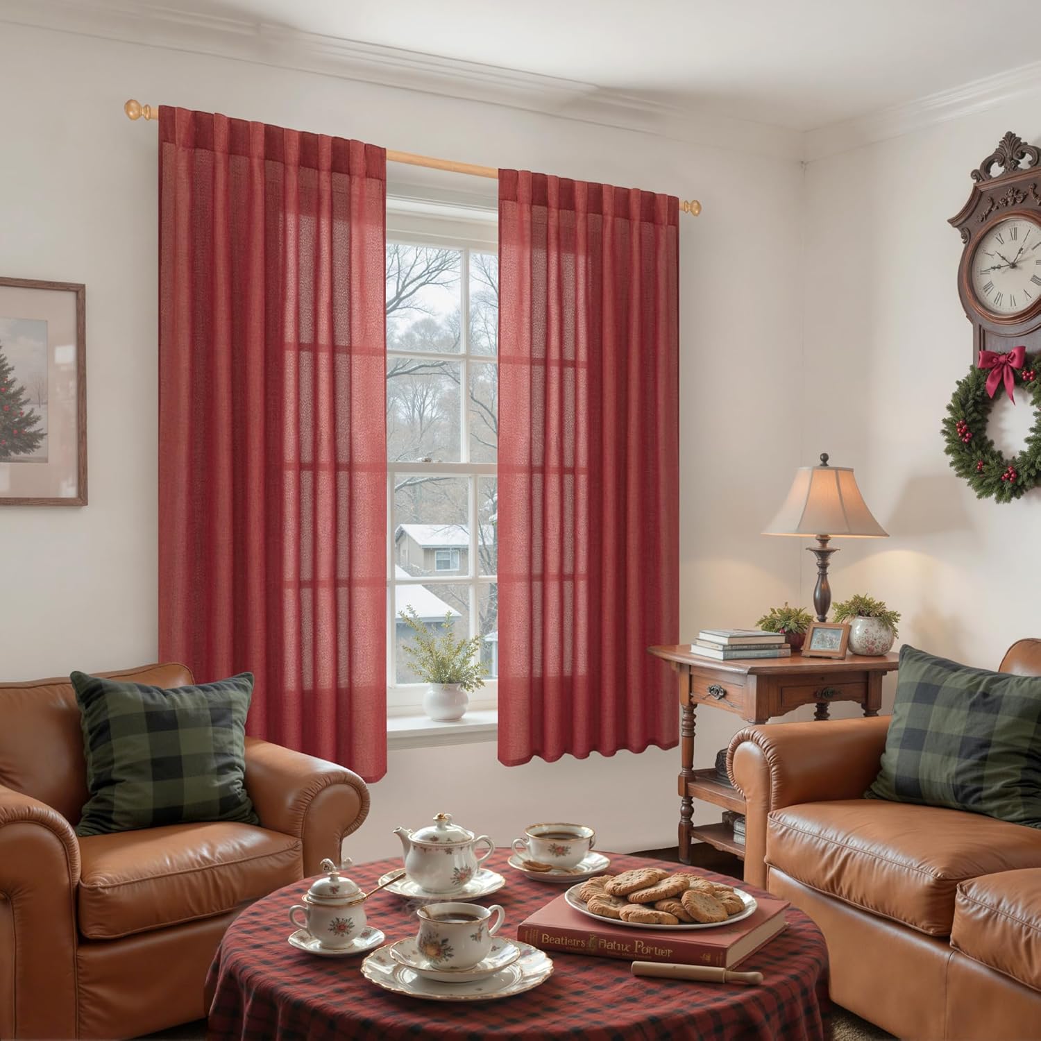 YoungsTex Red Linen Curtains 63 Inch Length 2 Panels for Living Room - Christmas Semi Sheer Window Drapes with Back Tab Rod Pocket Light Filtering for Bedroom, 52 X 63 Inch