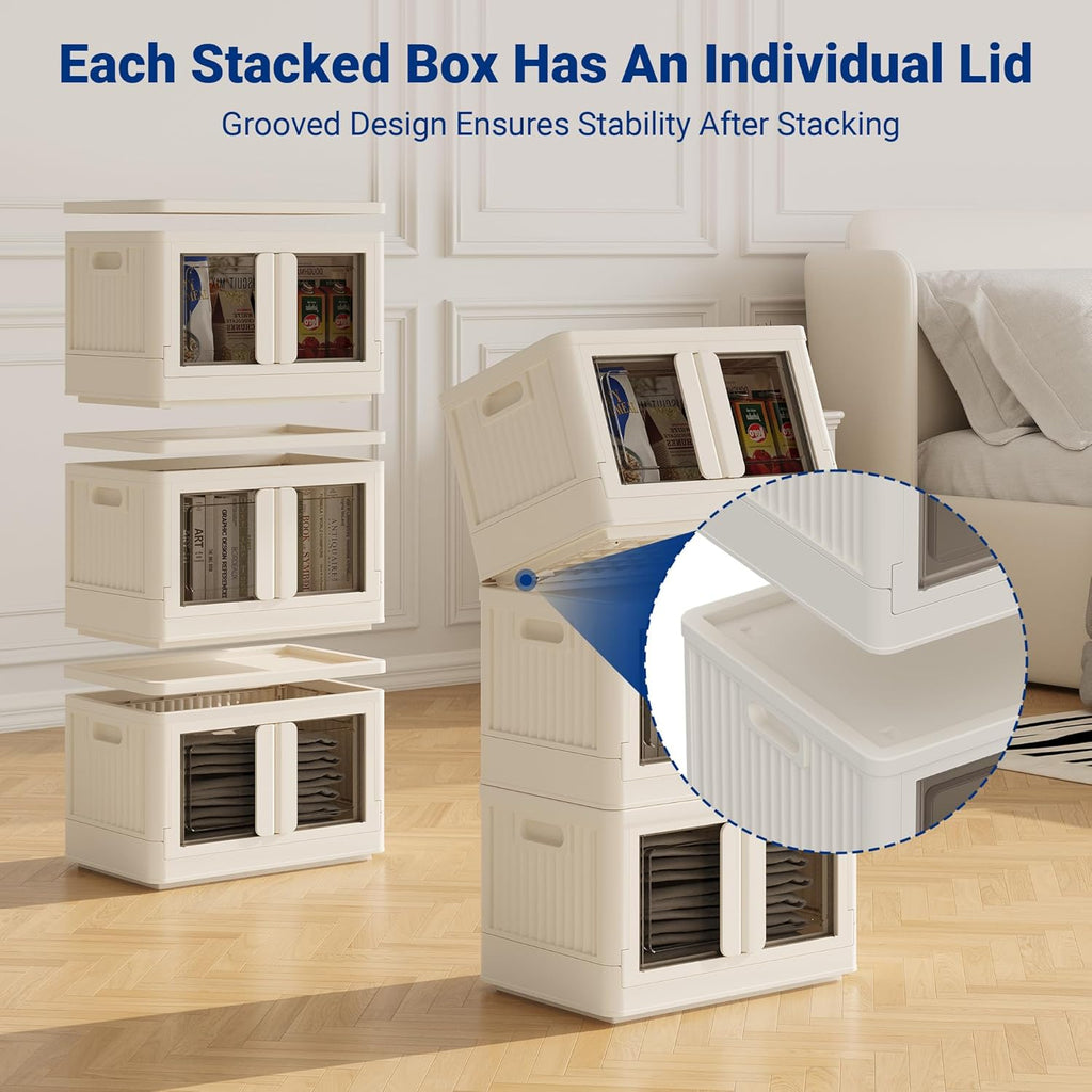 FLEXIMOUNTS 75 QT Stackable Storage Bins With Lids, Collapsible Plastic Storage Bins, Closet Organizers and Storage Containers with Doors and Built-in Wheels For Home, 2 Pack Cubes, Milky White