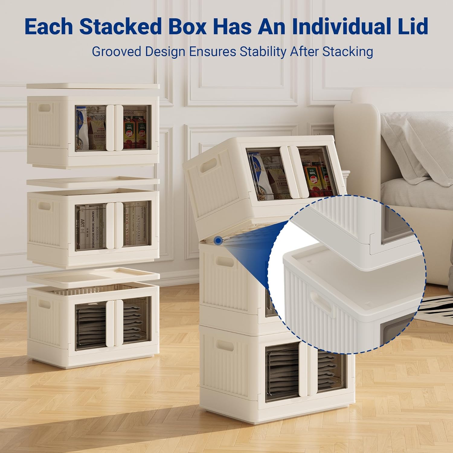 FLEXIMOUNTS 75 QT Stackable Storage Bins With Lids, Collapsible Plastic Storage Bins, Closet Organizers and Storage Containers with Doors and Built-in Wheels For Home, 2 Pack Cubes, Milky White