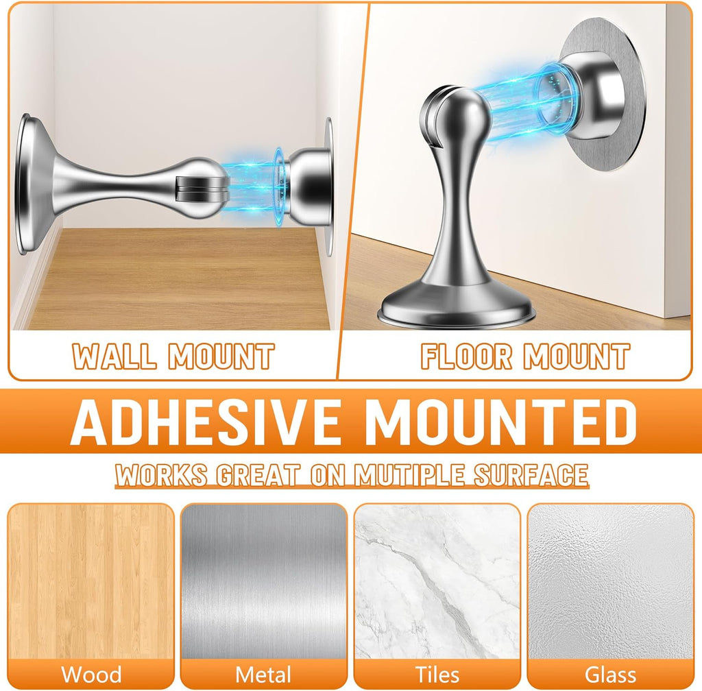 Crosize Magnetic Door Stoppers 2 Pack, Stainless Steel Door Catch for Wall and Floor Mounting, Door Holder Keep Door Open, No Drilling Door Stop with Adhesive Tapes, Silver