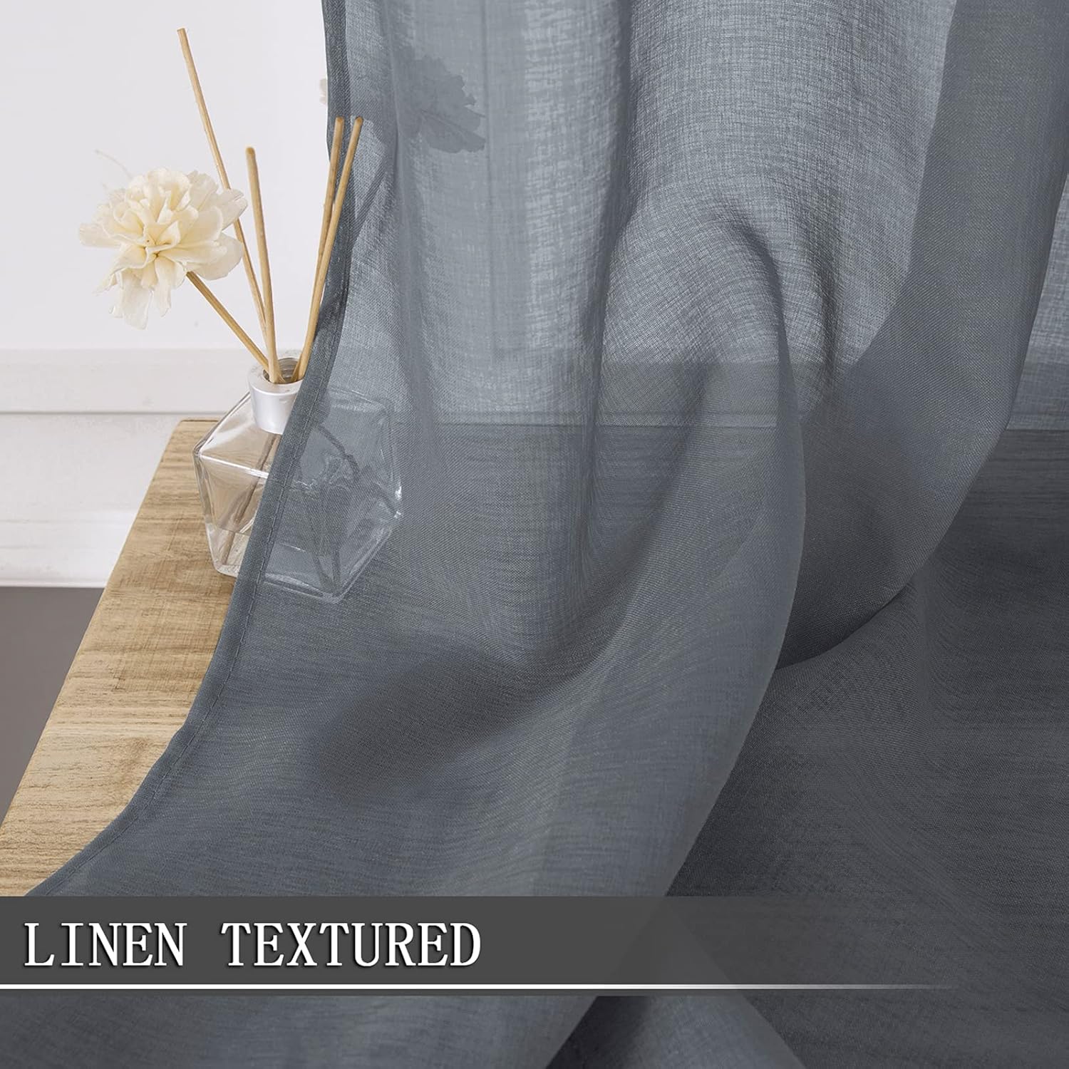 Tollpiz Short Sheer Curtain Linen Textured Bedroom Curtains Sheer Light Filtering Rod Pocket Voile Curtain for Living Room, 54 x 54 inches Long, Dark Grey, Set of 2 Panels