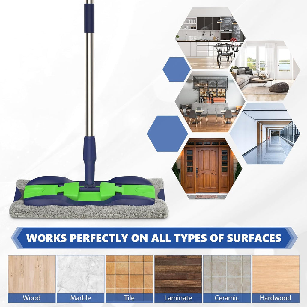 MEXERRIS Microfiber Mops for Hardwood Laminate Tile Floor Cleaning: Stainless Steel Handle - 4 Reusable Flat Mop Refills and 1 Dirt Removal Scrubber Included - Dry Dust Mop Commercial Home Use