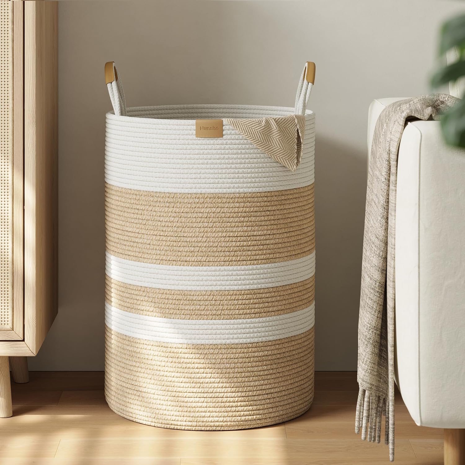 95L Striped Laundry Hamper with Leather Handles,Large Foldable Laundry Basket for Clothes,Cotton Rope Storage Bin for Blankets,Woven Clothes Basket for Bedroom,Beige Stripes