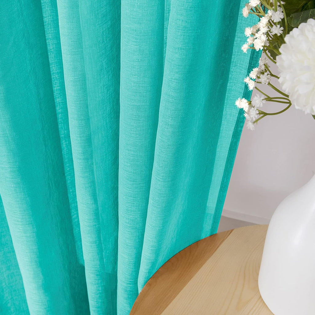 Tollpiz Short Sheer Tier Curtains Linen Textured Half Kitchen Curtain Sheers Light Filtering Rod Pocket Voile Small Curtain for Bathroom, 25 x 24 inches Long, Aqua Blue, Set of 2 Panels