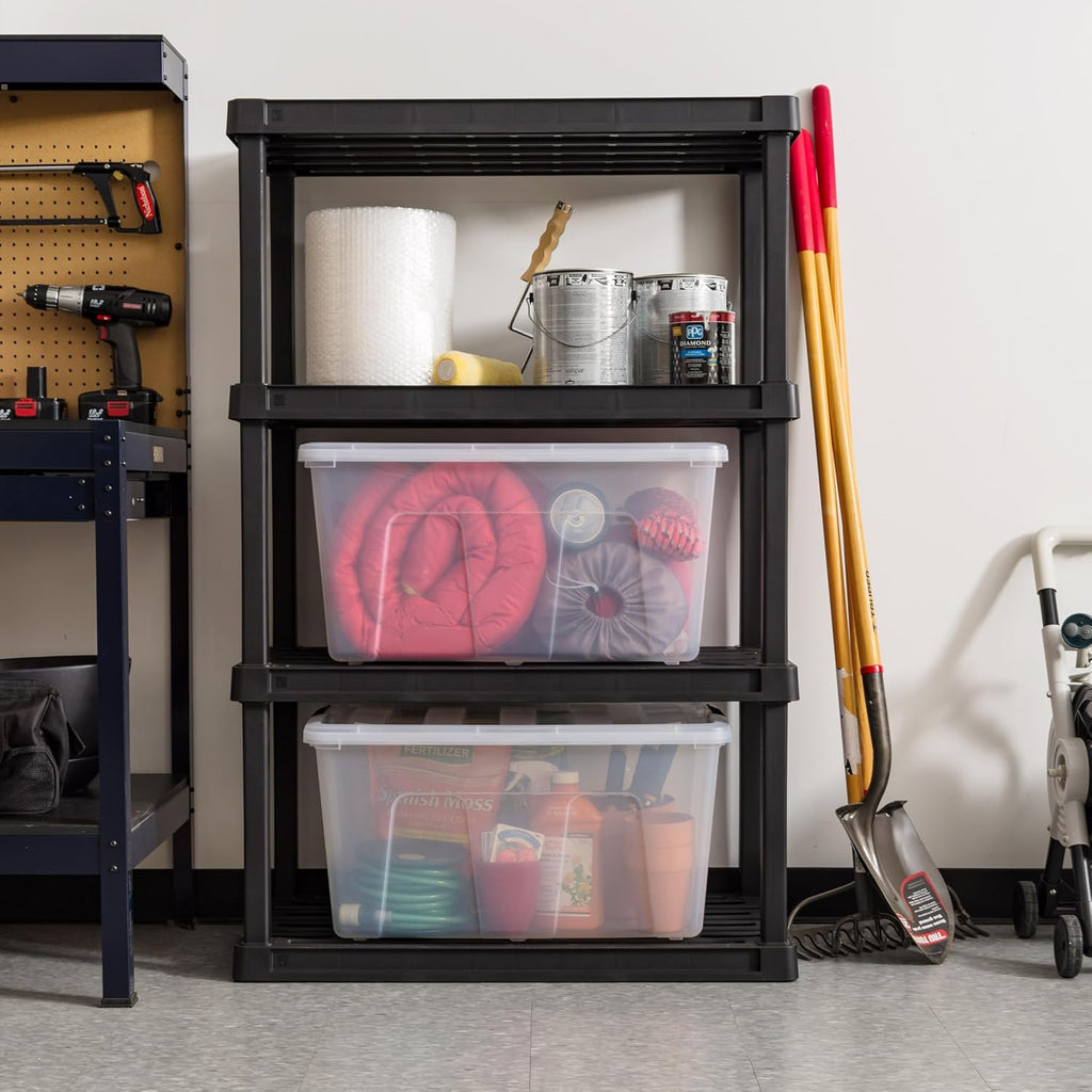 IRIS USA 94 Qt Stackable Plastic Storage Bins with Lids, 4 Pack - BPA-Free, Made in USA - See-Through Organizing Solution, Latches, Durable Nestable Containers, Secure Pull Handle - Clear