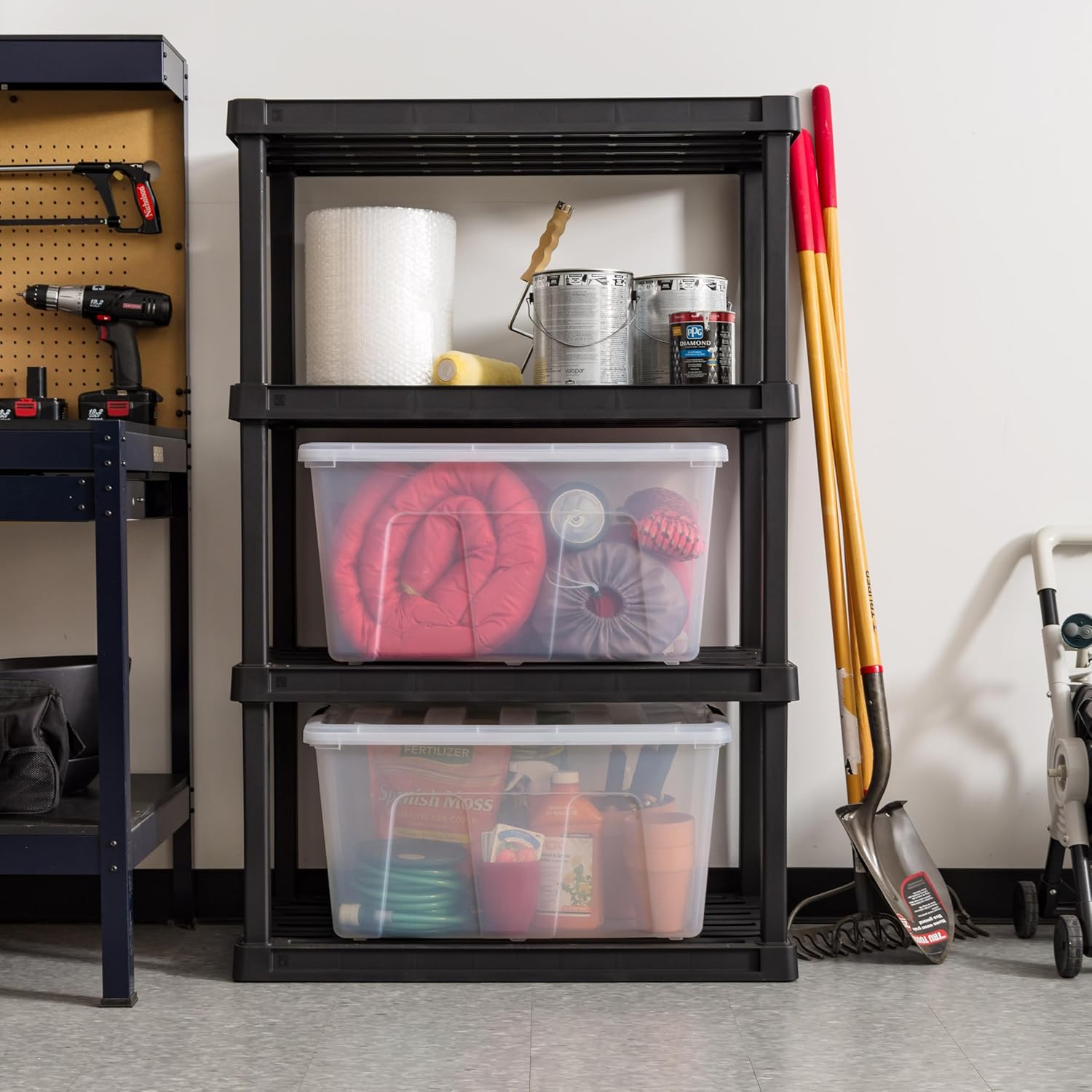 IRIS USA 94 Qt Stackable Plastic Storage Bins with Lids, 4 Pack - BPA-Free, Made in USA - See-Through Organizing Solution, Latches, Durable Nestable Containers, Secure Pull Handle - Clear