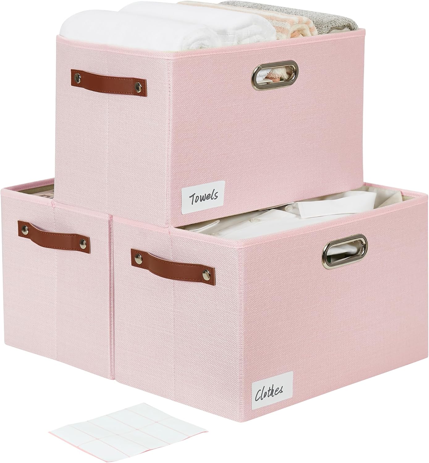 Large 3-Pack Foldable Fabric Storage Bins with Durable PU & Metal Handles, Collapsible Storage Baskets for Shelves, Home Storage, Closet Organizers, Living Room(14.9"x9.8"x9.8", Pink)