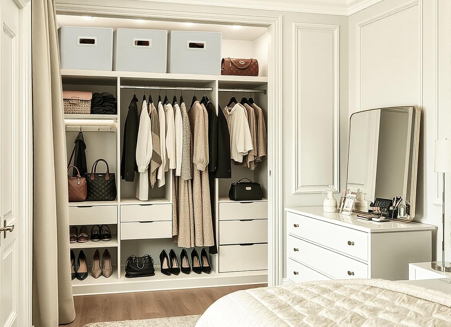 DECOMOMO Storage Bins for Shelves Robust Fabric Closet Bins for Shelves Toy Storage Clothes Books (Pack of 3 – Beige)