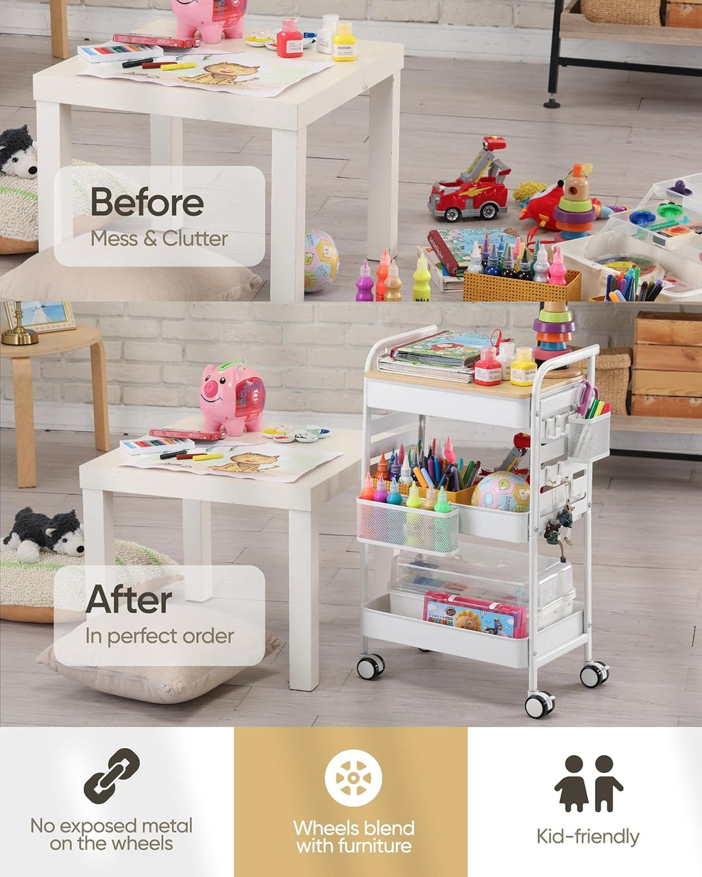 Art Cart with Tabletop & Pegboard - 3-Tier Rolling Utility Cart with Wheels, 2 Baskets & 6 Hooks - Metal Storage Organizer for Home, Office, Crafting & Kids’ Art Supplies (White)