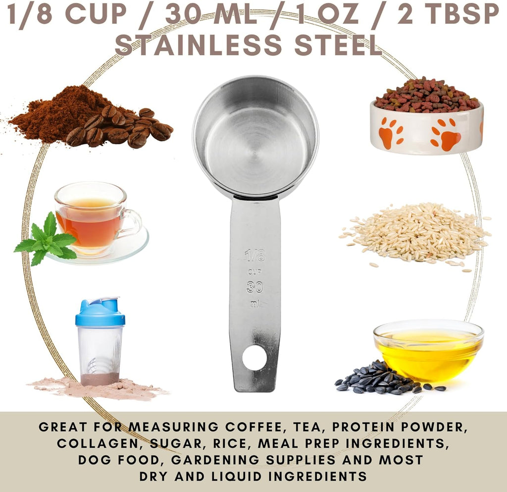 1/8 Cup Stainless Steel Measuring Cup | Sturdy Metal 30 ml | 30 cc | 1 oz | Single Cup for Wet and Dry Ingredients | Great for use as 1/8 Cup Coffee Scoop - 1 PK