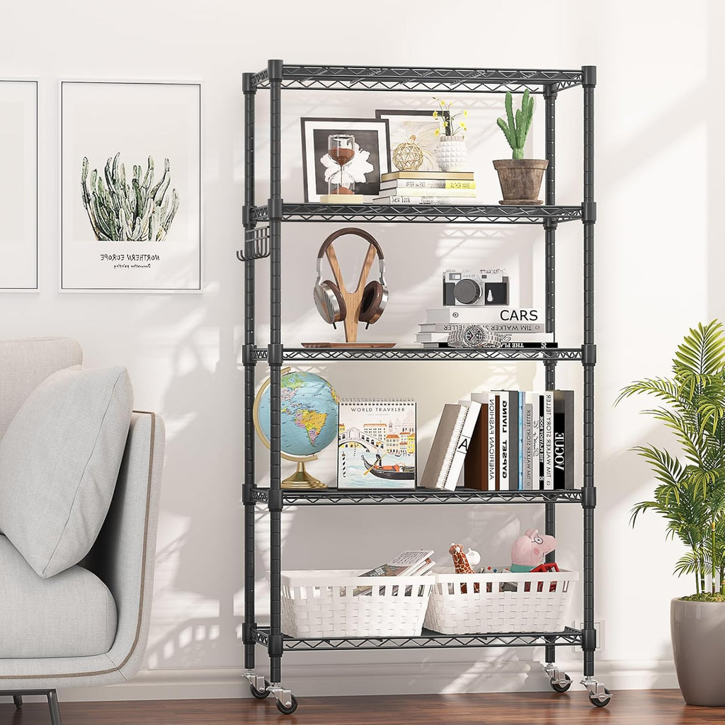 Himimi 5-Tier Storage Shelf Wire Shelving Unit on Wheels Heavy Duty Metal Shelves Adjustable Steel Rack Organization for Kitchen Garage Basement, Black