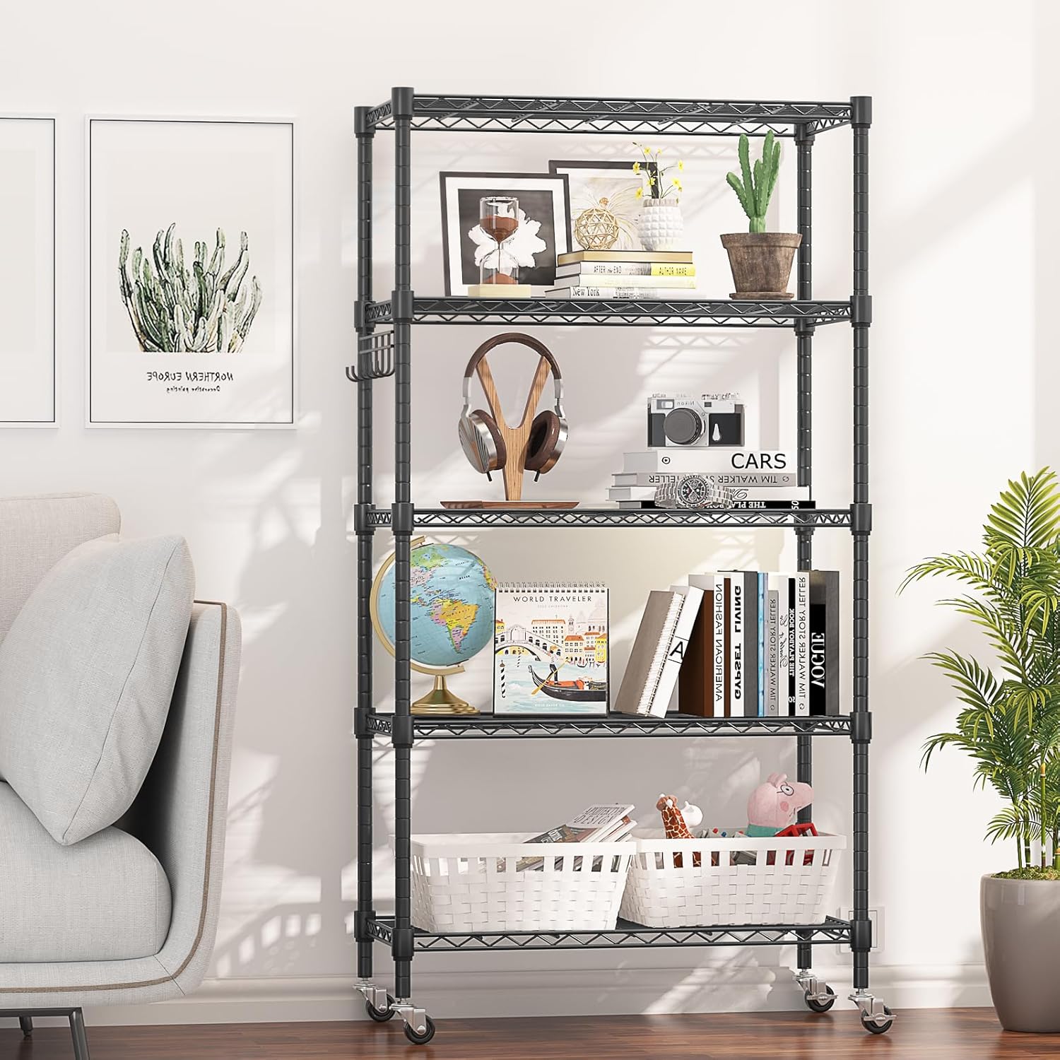 Himimi 5-Tier Storage Shelf Wire Shelving Unit on Wheels Heavy Duty Metal Shelves Adjustable Steel Rack Organization for Kitchen Garage Basement, Black