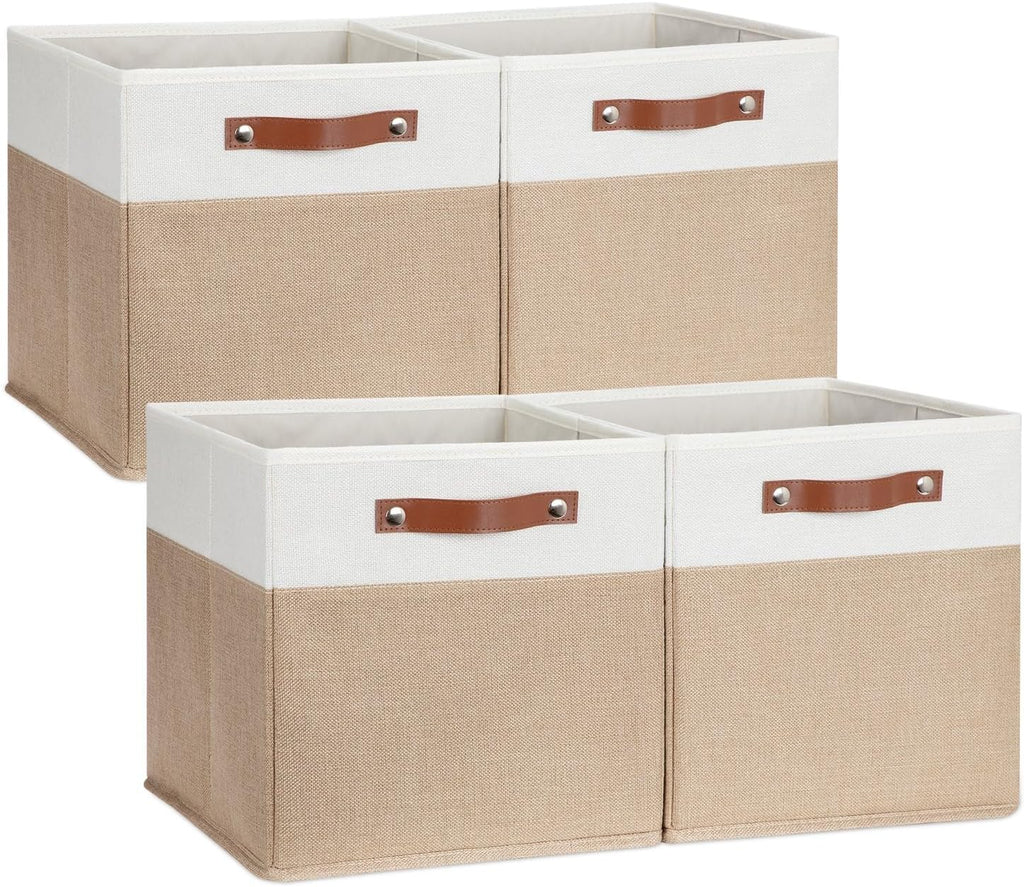 DULLEMELO Cube Storage Bins,12 x 12 x 12 inch Fabric Storage Cubes for Organizing,Collapsible foldable Linen Canvas Closet Storage Bins for Shelves Closet Bedroom Toys Home Office(White&Khaki-4 Pack)