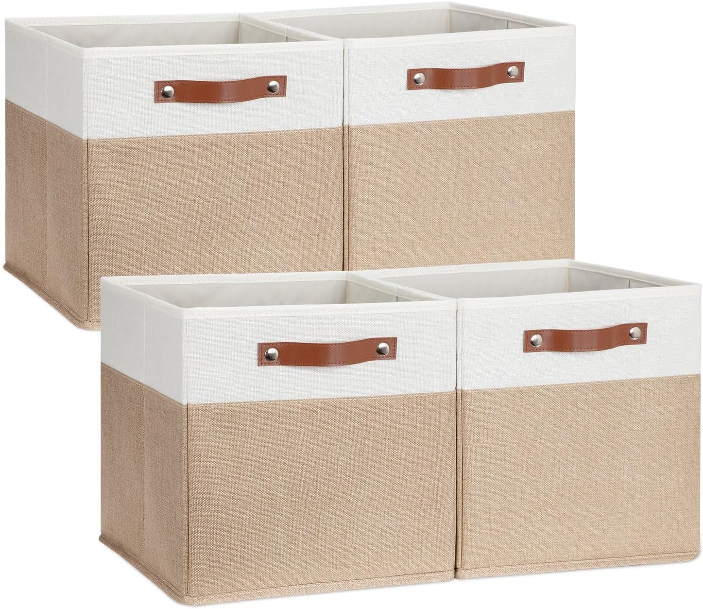 DULLEMELO Cube Storage Bins,12 x 12 x 12 inch Fabric Storage Cubes for Organizing,Collapsible foldable Linen Canvas Closet Storage Bins for Shelves Closet Bedroom Toys Home Office(White&Khaki-4 Pack)