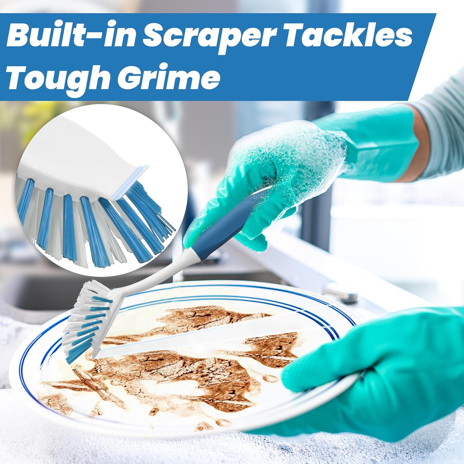 PHYEX 2-Pack Dish Brushes with Scraper, Durable Nylon Bristles Kitchen Scrub Brush, Dish Scrubber with Handle for Pans, Sink, Bathroom