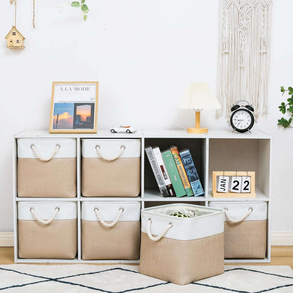 11 x 11 Inch Storage Cubes, 6 Pack Large Collapsible Fabric Storage Bin with Ropes, Foldable Storage Cubes for Home, Office,Closet, Clothes, Toys Organizer (White&Beige)