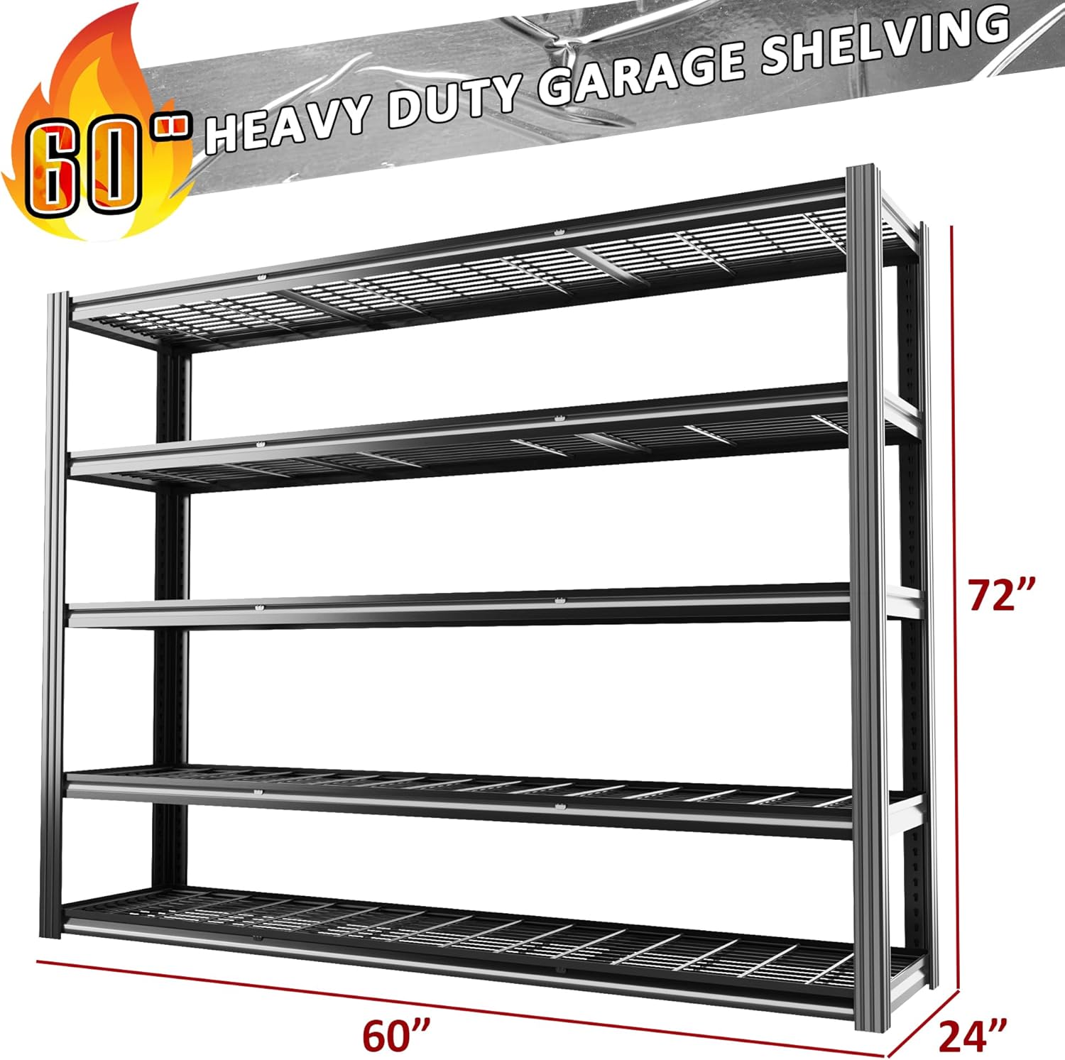 60" W Garage Shelving 5-Tier Storage Shelves Adjustable Metal Shelving Units 3030LBS Storage Shelves Heavy Duty for Industrial, Warehouse, Basement,72" H × 60" W × 24" D