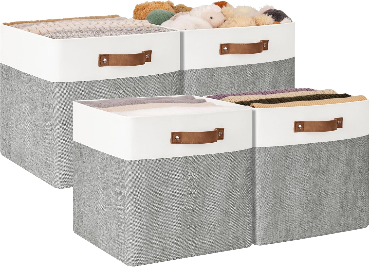 StorageWorks 13x13 Inches Storage Cube, Fabric Storage Bins with PU Handles, Collapsible Organizer Baskets for Closet, Gray and White, 4-Pack