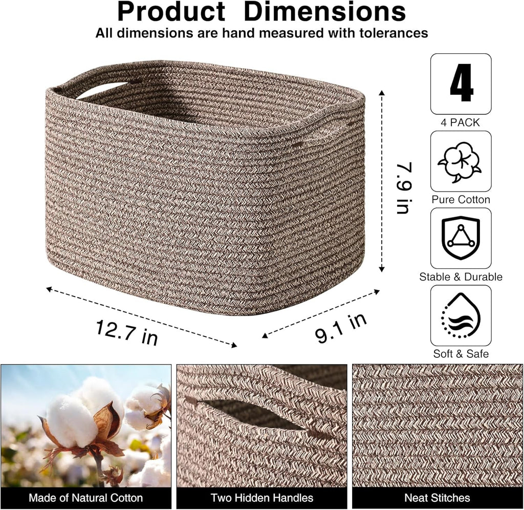 Small Storage Baskets for Organizing Shelves, Cotton Rope Basket for Storage, Cute Rectangular Book Toy Basket, 12.7"×9.1"×7.9", 4 Packs, Dark Brown