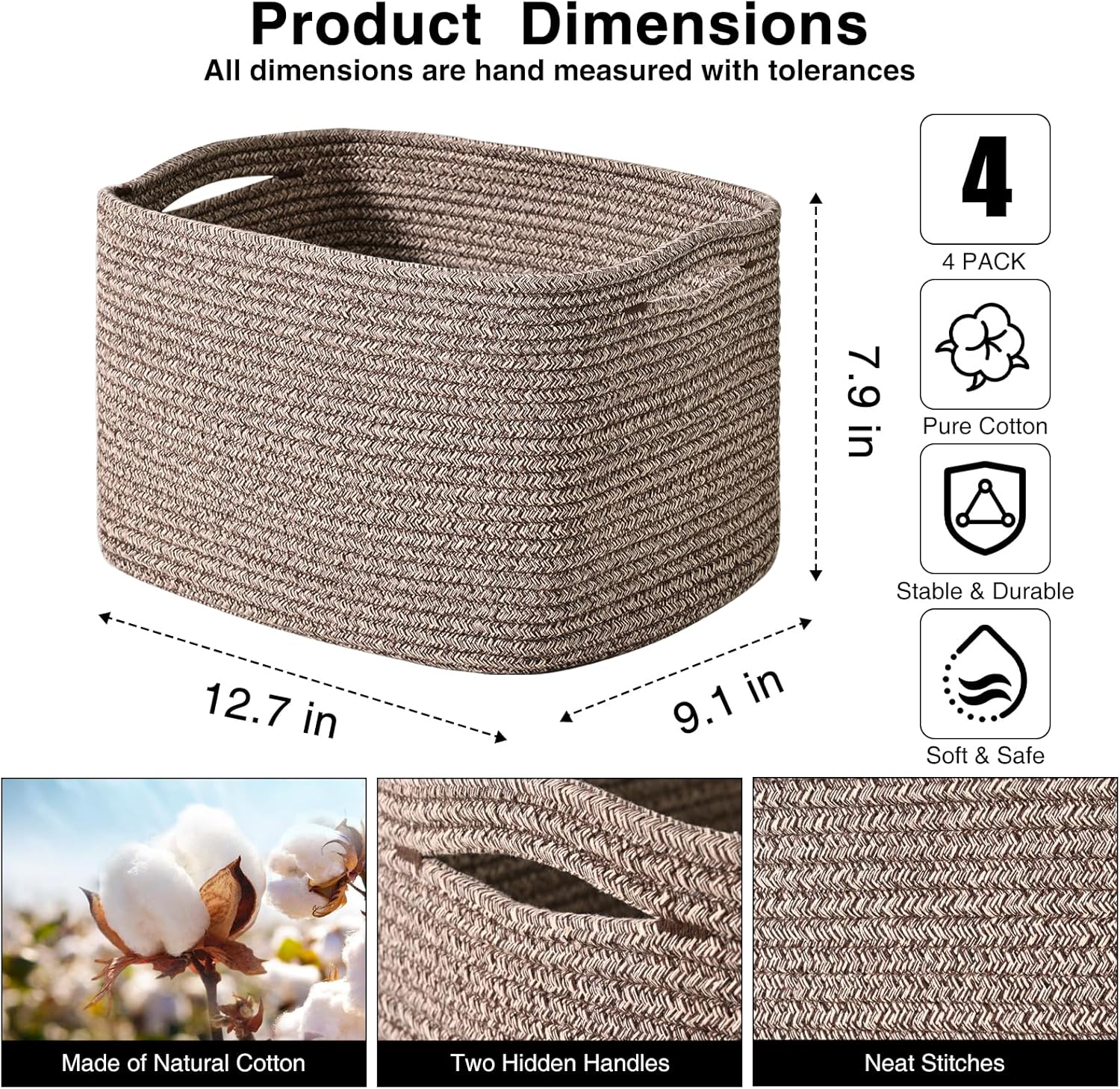 Small Storage Baskets for Organizing Shelves, Cotton Rope Basket for Storage, Cute Rectangular Book Toy Basket, 12.7"×9.1"×7.9", 4 Packs, Dark Brown