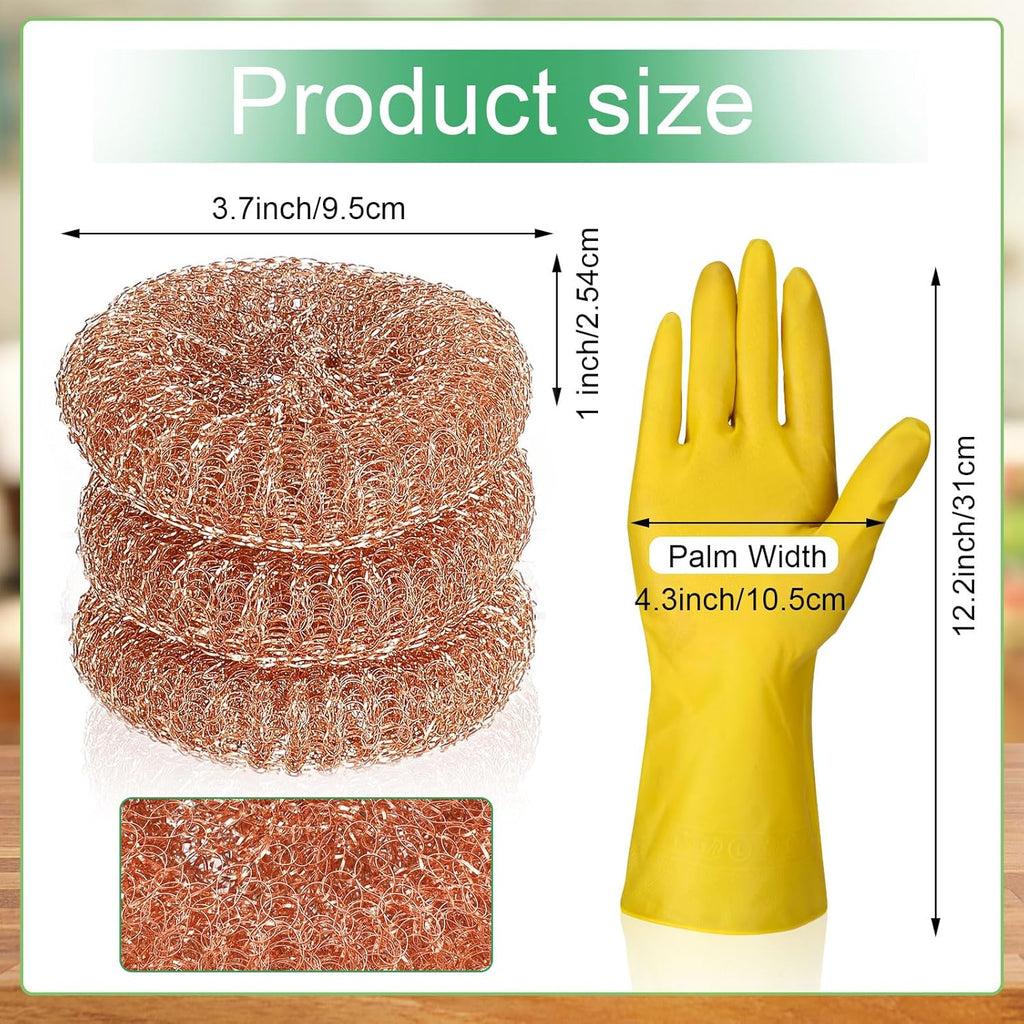 Hushee 50 Pack Copper Coated Scourers Rust Resistant Scrubbing Scouring Pad with 1 Pair of Rubber Household Cleaning Gloves Heavy Duty Copper Mesh Scourer for Dishes, Pots, Pans, and Ovens