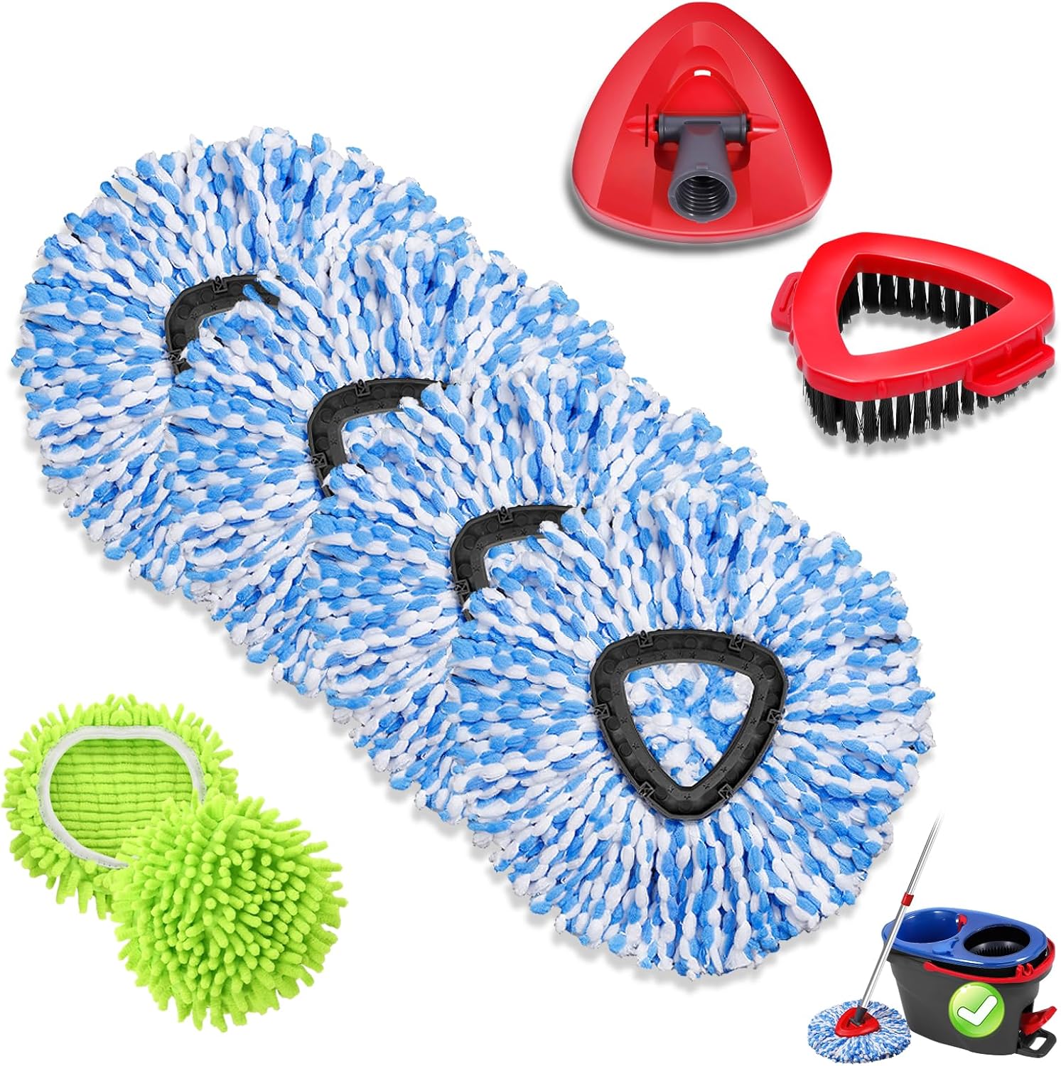 Microfiber Spin Mop Head Replacement 4 Pcs & 2 Chennile Mop Replace & 1 Scrub Brush & 1 Base Combo for Oceda RinseClean 2-Tank System,Mop Replacements Head,Machine Washable for Tub and Tile