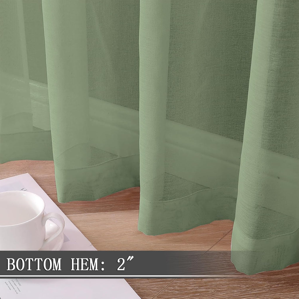 Tollpiz Sheer Curtains Linen Textured Bedroom Curtain Sheers Light Filtering Rod Pocket Voile Curtains for Living Room, 54 x 63 inches Long, Sage Green, Set of 2 Panels