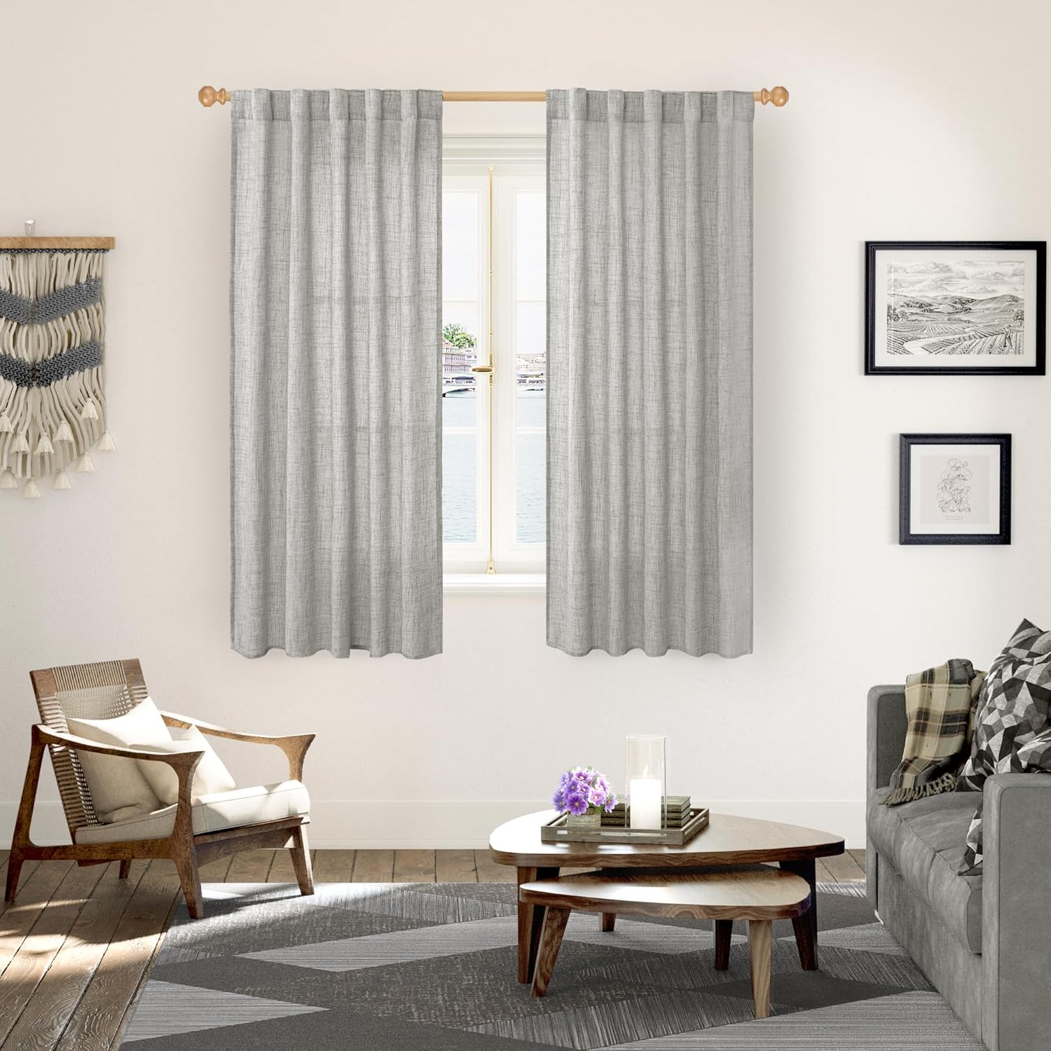 YoungsTex Dark Grey Linen Curtains 63 Inch Length for Living Room, Light Filtering Semi Sheer Drapes Back Tab Rod Pocket for Bedroom Office Lightweight Window Treatments, 42 X 63 Inch, 2 Panels