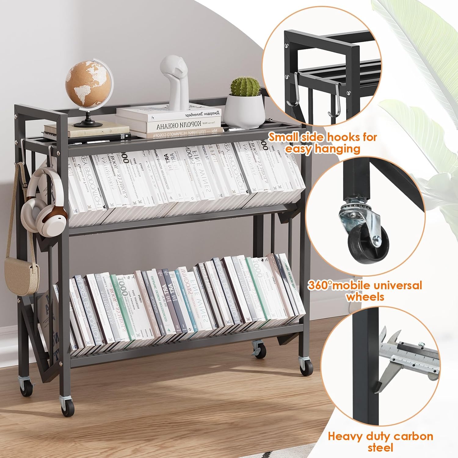 Book Carts 3 Tier 35.4x32x9.84 in Rolling Book Cart Large Capacity Bookshelf Storage Rack Mobile Book Storage with Wheels Cart for Home Office Living Room Classroom (3 Tier)