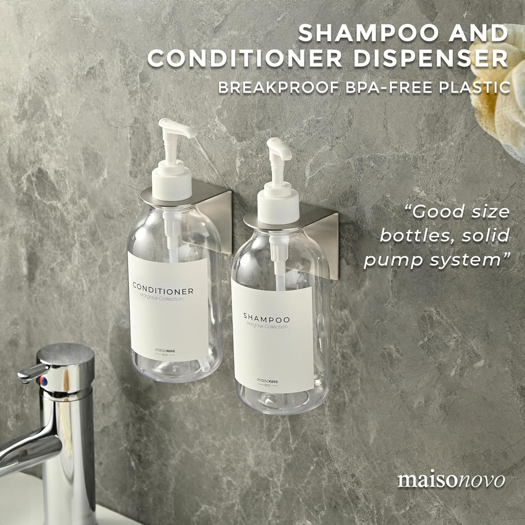 MaisoNovo Shampoo and Conditioner Dispenser - Shower Soap Dispenser Wall Mounted - 16.9 fl oz Set of 2 Clear Plastic Bottles White Pump - Shampoo Dispenser, Shower Dispenser 2 Chamber No Drill