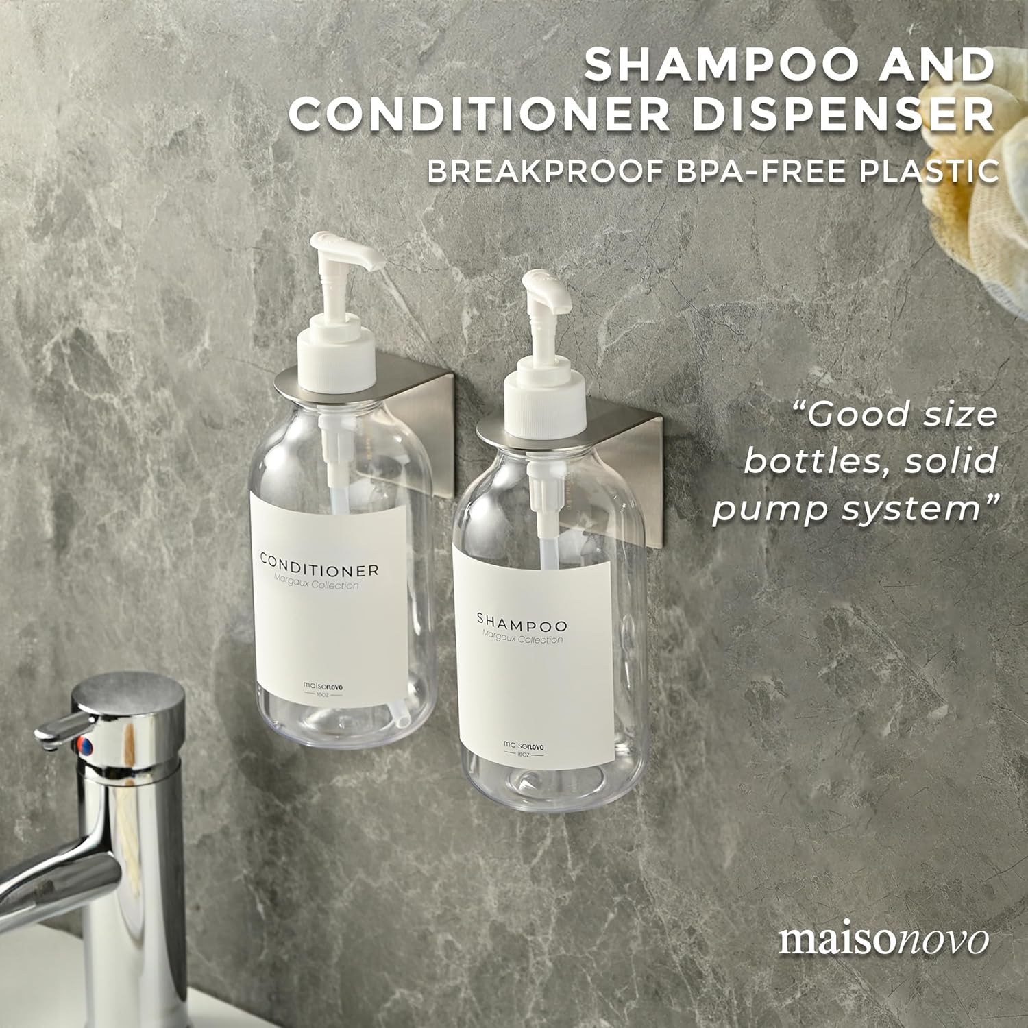 MaisoNovo Shampoo and Conditioner Dispenser - Shower Soap Dispenser Wall Mounted - 16.9 fl oz Set of 2 Clear Plastic Bottles White Pump - Shampoo Dispenser, Shower Dispenser 2 Chamber No Drill