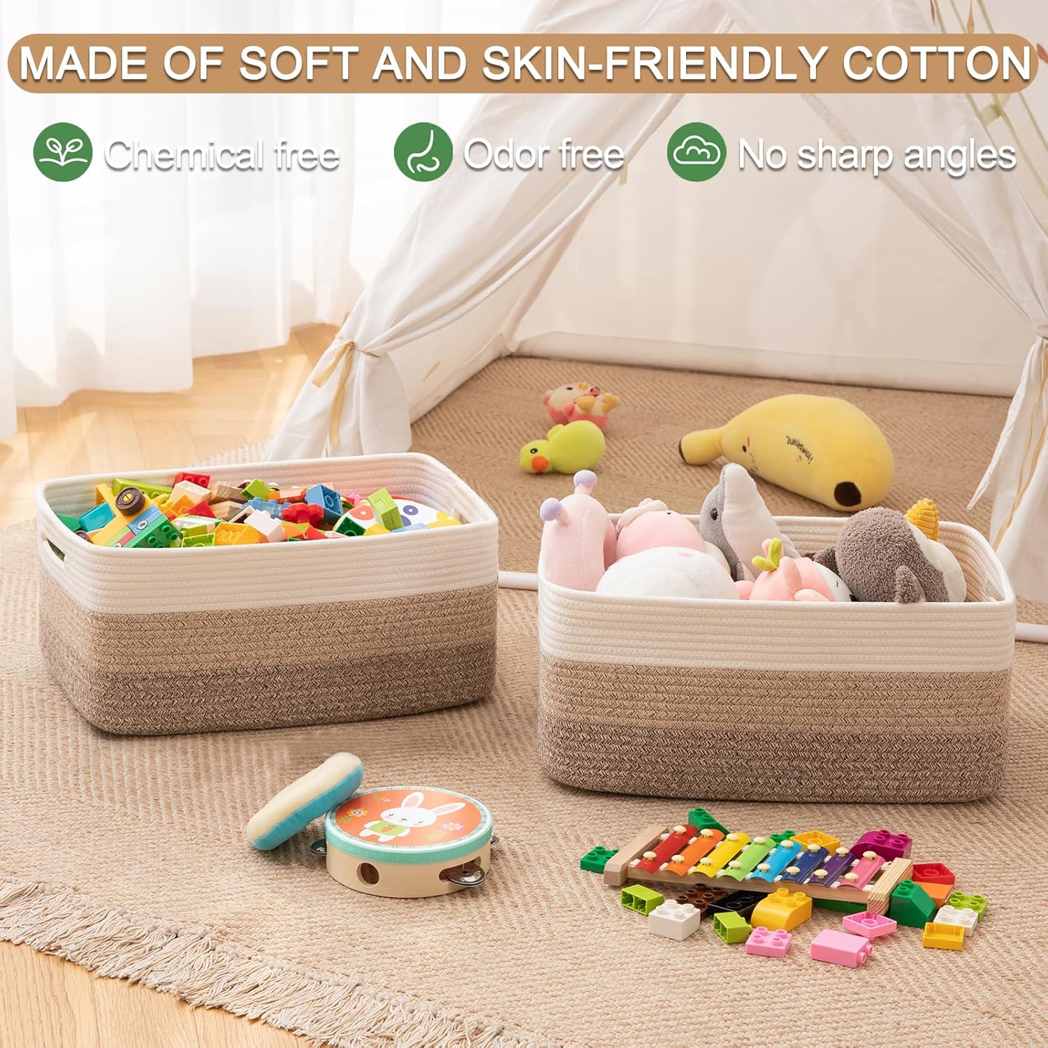 Large Storage Basket for Organizing, Woven Rope Basket for Shelves, Closet Organizer Bins for Clothes, Blanket, Toys, Baby Nursery Storage, 17.7" x 13" x 7.87", 2 Packs Gradient Yellow