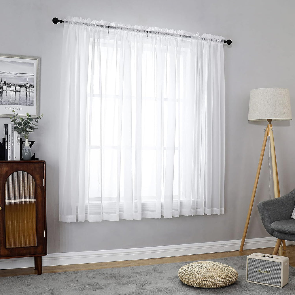 Chyhomenyc White Sheer Curtains 54 Inch Long 2 Panels Set, Short Voile Rod Pocket Drapes for Dinning Small Windows Bathroom Living Room Bedroom, Each 42Wx54L in, 2PCS, White