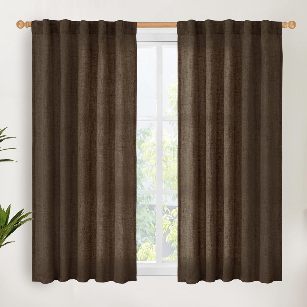 YoungsTex Brown Linen Curtains 48 Inches Long for Short Window, Light Filtering Drapes Privacy with Rod Pocket Back Tab for Bathroom Kitchen Window, 2 Panels, 42 X 48 Inch