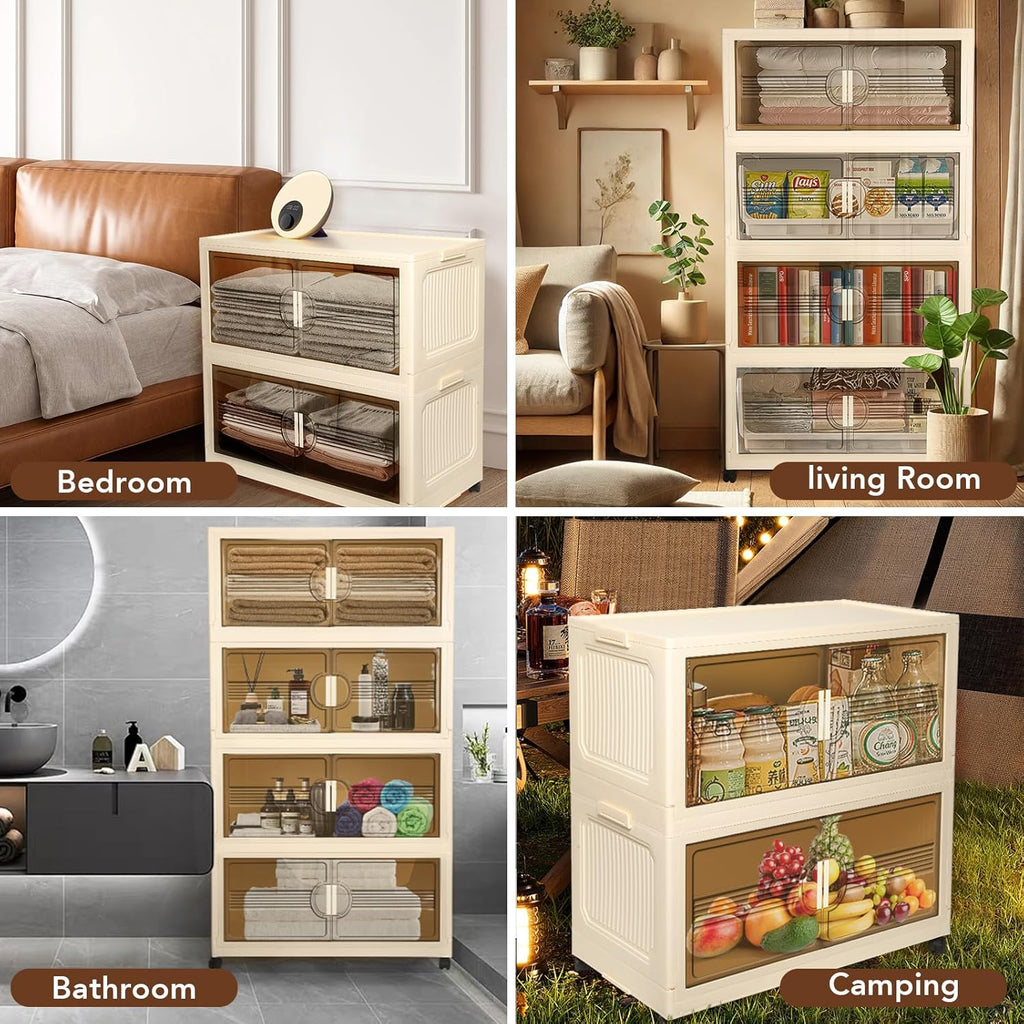 150GAL/600QT Large Storage Bins with 2 Lids, Stackable Collapsible Storage Bins with 8 Wheels & 2 Lids, Closet Organizers and Storage, 4 Packs Folding Plastic Clothes Storage Cabinet for Home Office